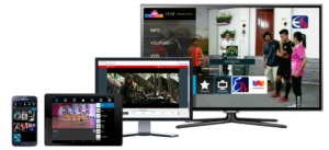 Icareus OTT Solution examples on different devices: Cellphone, tablet, computer and smartTV.