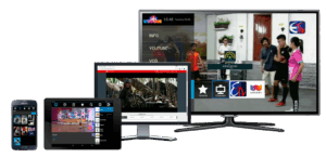 Icareus OTT Solution examples on different devices: Cellphone, tablet, computer and smartTV.