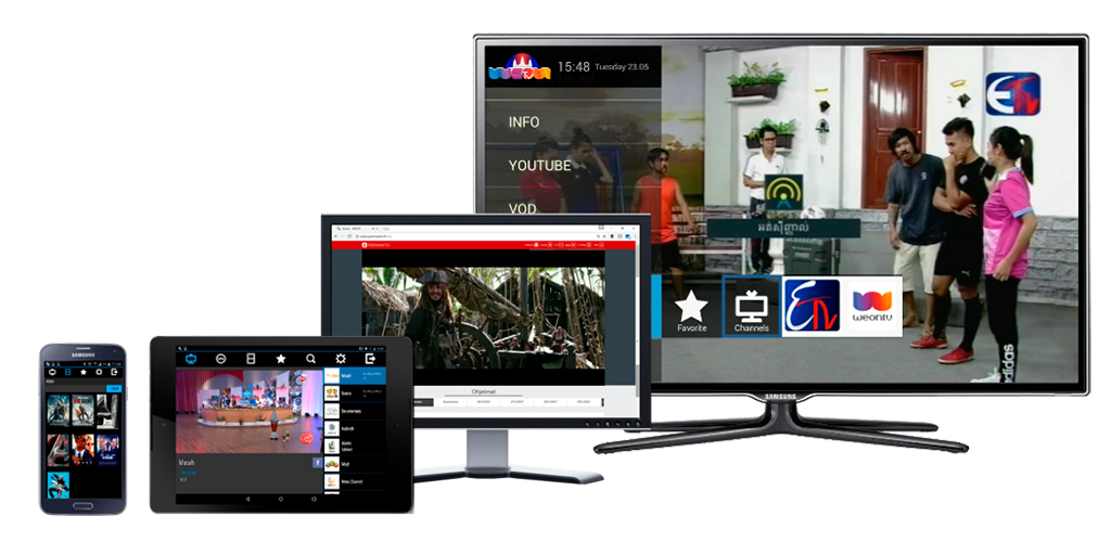 Icareus OTT Solution examples on different devices: Cellphone, tablet, computer and smartTV.