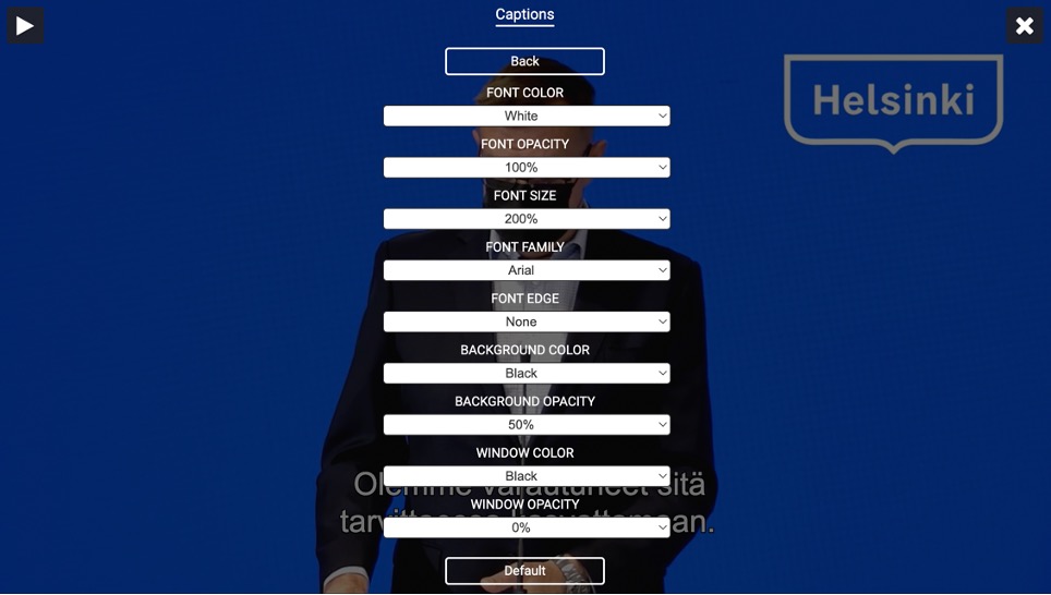 ruutukaappaus helsinkikanavan videosoittimen tekstitysasetuksista